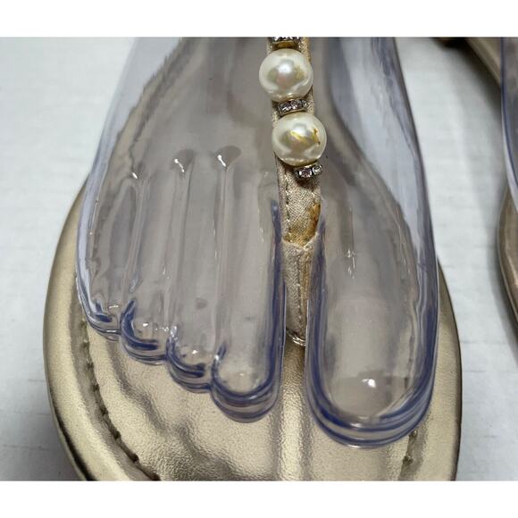 Unisa Gold T-strap Flat Sandals Pearls And Rhinestones Size 6.5 M - Picture 5 of 7